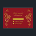 Elegant Mehndi Peacock Wedding RSVP - rood<br><div class="desc">Deze elegante henna geïnspireerde bruiloft RSVP is geaccentueerd met handgeschetste gouden pauzes op een diepe rode achtergrond, waardoor dit middelmatige ontwerp perfect is voor het moderne of traditionele Indische huwelijk. De coördinerende uitnodiging van Elegant Mehndi Peacock Wedding - red is beschikbaar; als er echter extra objecten nodig zijn, kunt u...</div>