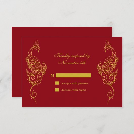 Elegant Mehndi Peacock Wedding RSVP - rood (Voorkant / Achterkant)