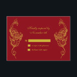 Elegant Mehndi Peacock Wedding RSVP - rood Kaartje<br><div class="desc">Deze elegante henna geïnspireerde bruiloft RSVP is geaccentueerd met handgeschetste gouden pauzes op een diepe rode achtergrond, waardoor dit middelmatige ontwerp perfect is voor het moderne of traditionele Indische huwelijk. De coördinerende uitnodiging van Elegant Mehndi Peacock Wedding - red is beschikbaar; als er echter extra objecten nodig zijn, kunt u...</div>