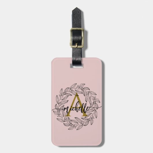 Elegant Meisje Blush Roze Bloemen Goud Monogram Na Bagagelabel (Voorkant verticaal)