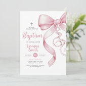 Elegant Meisje Doop Pink Bow Pearl Ketting Cross Kaart (Staand voorkant)