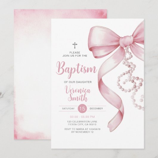 Elegant Meisje Doop Pink Bow Pearl Ketting Cross Kaart (Voorkant / Achterkant)