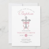 Elegant Meisje Doop Roze Boog Zilveren Kruis Glitt Kaart (Voorkant)