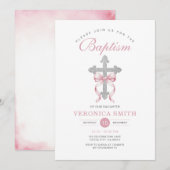 Elegant Meisje Doop Roze Boog Zilveren Kruis Glitt Kaart (Voorkant / Achterkant)