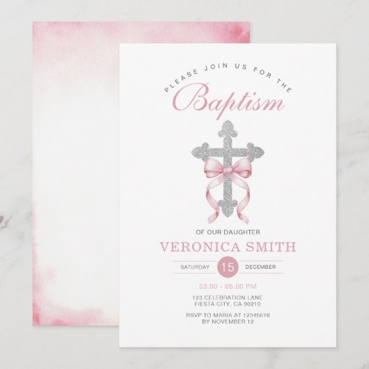 Elegant Meisje Doop Roze Boog Zilveren Kruis Glitt Kaart (Voorkant / Achterkant)