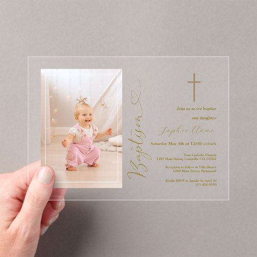 Elegant Meisje Foto Gouden Kalligrafie Doop Acryl Uitnodigingen (Insitu (Draagbaar))