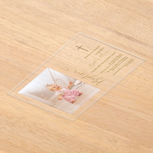 Elegant Meisje Foto Gouden Kalligrafie Doop Acryl Uitnodigingen (Laagn)