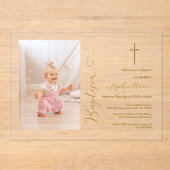 Elegant Meisje Foto Gouden Kalligrafie Doop Acryl Uitnodigingen (Voorkant)