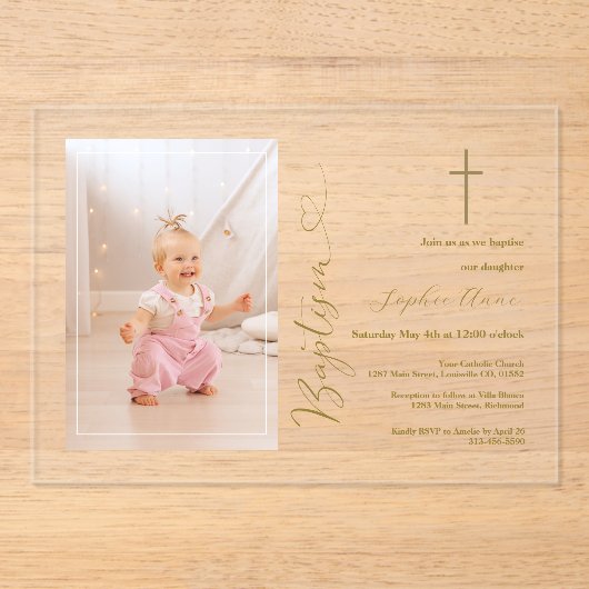 Elegant Meisje Foto Gouden Kalligrafie Doop Acryl Uitnodigingen (Voorkant)