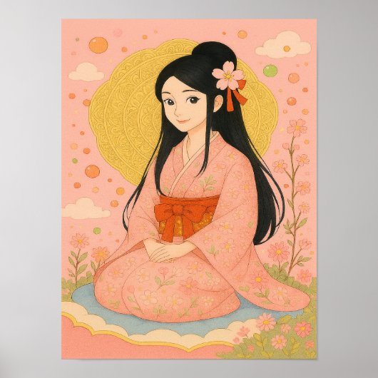Elegant meisje in Kimono – Japanse stijl muurkunst Poster (Voorkant)