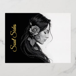 Elegant meisje met bloem in het haar moderne fijne folie feestdagen briefkaart