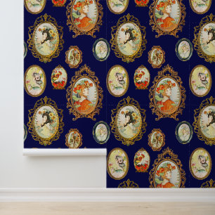 Elegant Meisje Portret Bloemen Ingelijste Navy Behang
