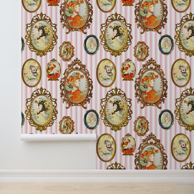 Elegant  Meisje Portret Bloemen Roze Gestreept Behang (Applicatie)