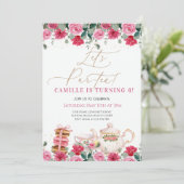 Elegant Meisje Roze Bloemen Tea Party Verjaardag Kaart (Staand voorkant)