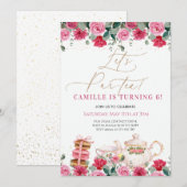 Elegant Meisje Roze Bloemen Tea Party Verjaardag Kaart (Voorkant / Achterkant)