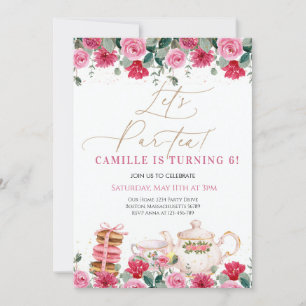Elegant Meisje Roze Bloemen Tea Party Verjaardag Kaart