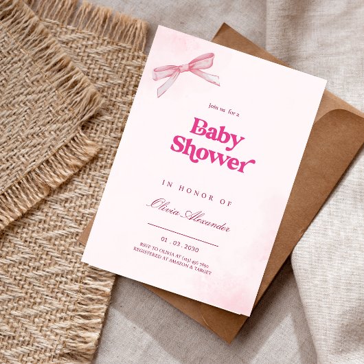 Elegant Meisje Roze Bow Baby shower Uitnodiging