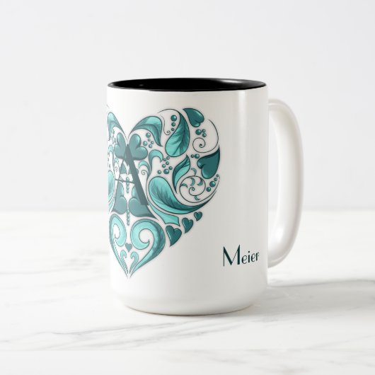 Elegant meisjesachtig turquoise hart met jouw teks tweekleurige koffiemok (Voorkant rechts)