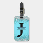 Elegant meisjesblauw zilver faux glitter monogram bagagelabel (Voorkant verticaal)