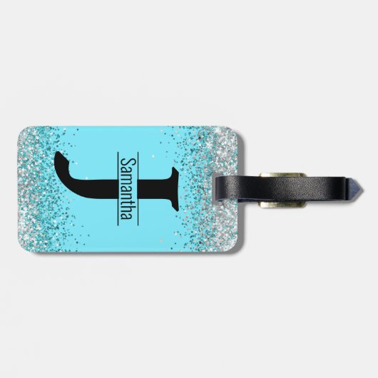 Elegant meisjesblauw zilver faux glitter monogram bagagelabel (Achterkant horizontaal)
