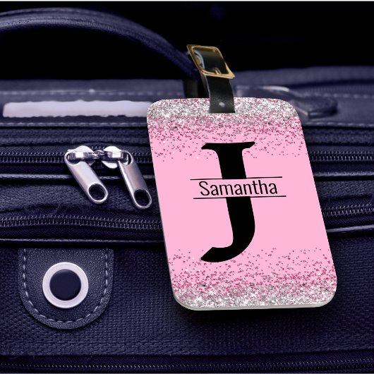 Elegant meisjesroze zilveren faux glitter monogram bagagelabel
