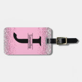 Elegant meisjesroze zilveren faux glitter monogram bagagelabel (Voorkant horizontaal)