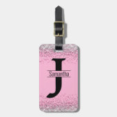 Elegant meisjesroze zilveren faux glitter monogram bagagelabel (Voorkant verticaal)