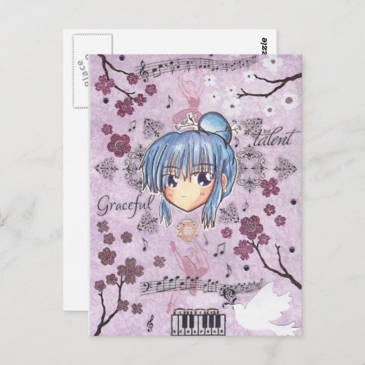 Elegant/Melancholy Ume-Chibi met collage achtergro Briefkaart (Voorkant / Achterkant)