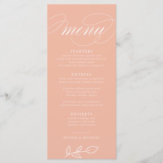 Elegant Melon Pink Minimalist Leaves Wedding Menu (Voorkant)