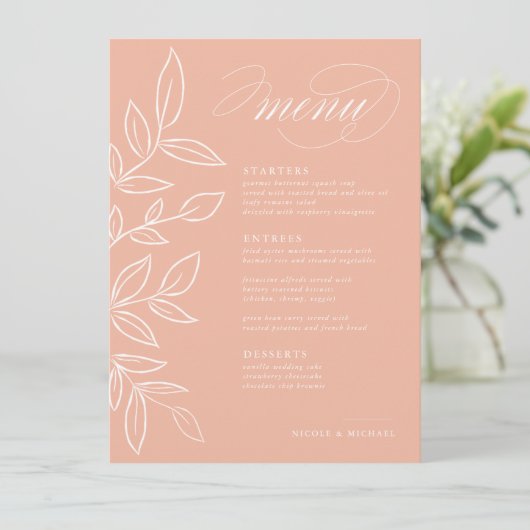 Elegant Melon Pink Minimalist Leaves Wedding Menu (Staand voorkant)
