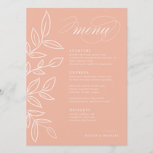Elegant Melon Pink Minimalist Leaves Wedding Menu (Voorkant)