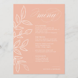 Elegant Melon Pink Minimalist Leaves Wedding Menu
