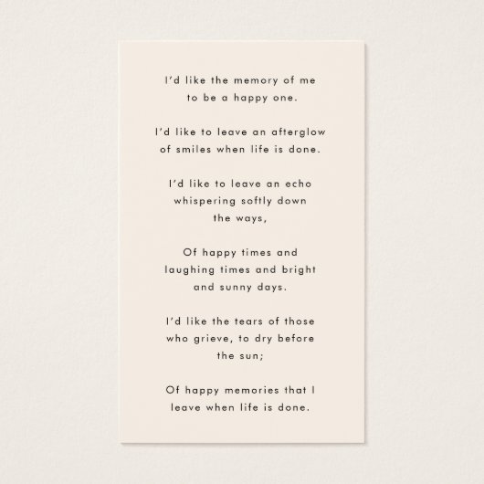 Elegant Memorial | Funeral Favor Poem Kaart (Achterkant)