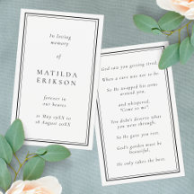Elegant Memorial Funeral Memorial Prayer Kaart