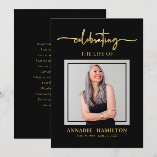 Elegant Memorial Funeral Photo Card for Service Kaart (Voorkant / Achterkant)