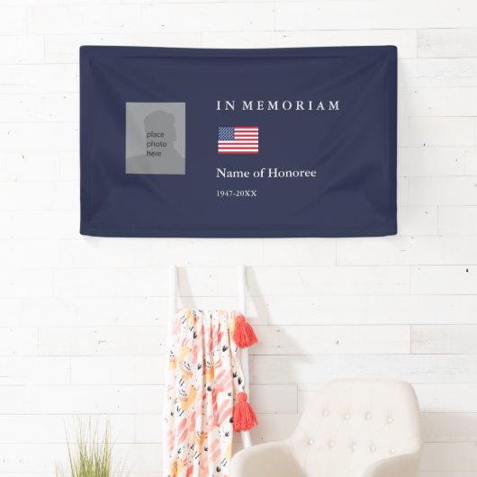 Elegant Memorial in blauw met foto en vlag Spandoek (Insitu)