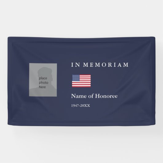 Elegant Memorial in blauw met foto en vlag Spandoek (Horizontaal)