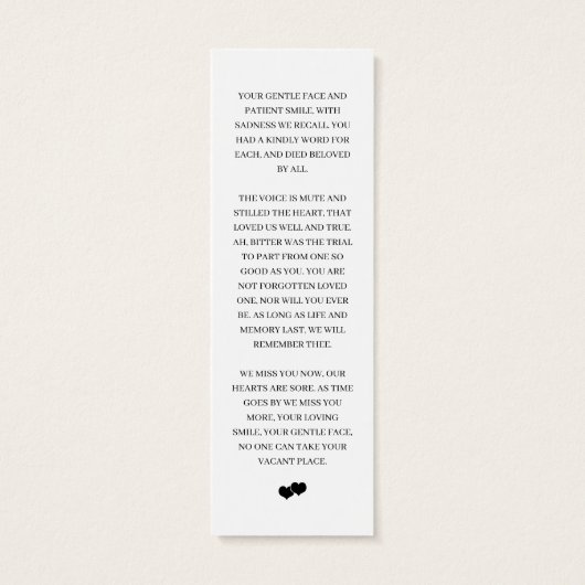 Elegant Memorial Photo Funeral Poem Bladwijzer Mini Visitekaartjes (Achterkant)