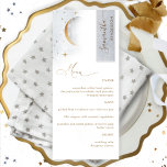 Elegant Menu met gastnaam, Celestial Moon Stars<br><div class="desc">Waarom besteed op zijn plaats kaarten en menukaarten wanneer u een elegant All-in-one elegant hemelse Menu kunt hebben dat met elke gastnaam wordt gepersonaliseerd! Hedendaags, eenvoudig en elegant design met prachtige moderne, handgeschreven kalligrafie. Mooie waterverf hemelse hemel, met sterren en maan. De tekst van het menu in gouden tinten, streep...</div>