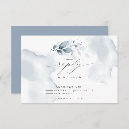 Elegant Menu RSVP Waterverf Foliage Dusty Blue (Voorkant / Achterkant)