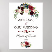 Elegant Merlot Huwelijksbord in Navy Blauwe Bloeme Poster (Voorkant)