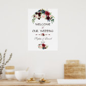 Elegant Merlot Huwelijksbord in Navy Blauwe Bloeme Poster (Keuken)