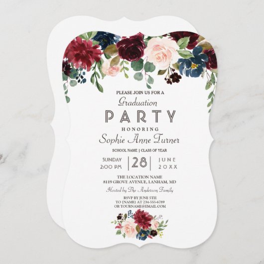 Elegant Merlot Navy Blauw Bloemengraduatiefuif Kaart (Voorkant / Achterkant)
