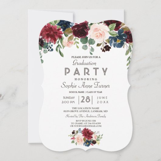 Elegant Merlot Navy Blauw Bloemengraduatiefuif Kaart (Voorkant)