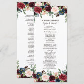 Elegant Merlot Navy Blauwe Bloemige Trouwprogramma Programmakaart (Voorkant / Achterkant)