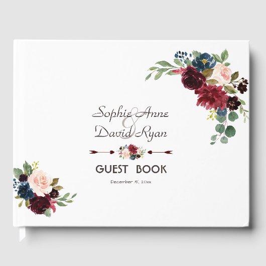 Elegant Merlot Navy Blue Floral Wedding Gastenboek (Voorkant)