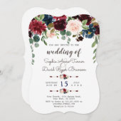 Elegant Merlot Navy Blue Floral Wedding Invite Kaart (Voorkant / Achterkant)