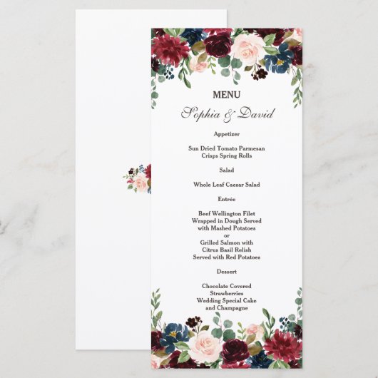 Elegant Merlot Navy Blue Floral Wedding Menu (Voorkant / Achterkant)