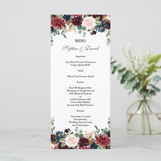 Elegant Merlot Navy Blue Floral Wedding Menu (Staand voorkant)
