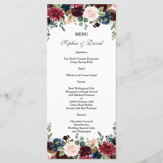Elegant Merlot Navy Blue Floral Wedding Menu (Voorkant)